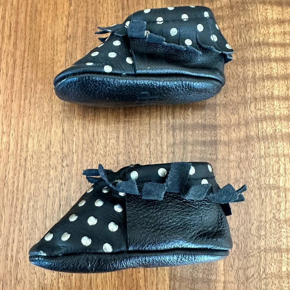 Freshly Picked Fringe Leather Moccasins Black Gold Polka Dots.